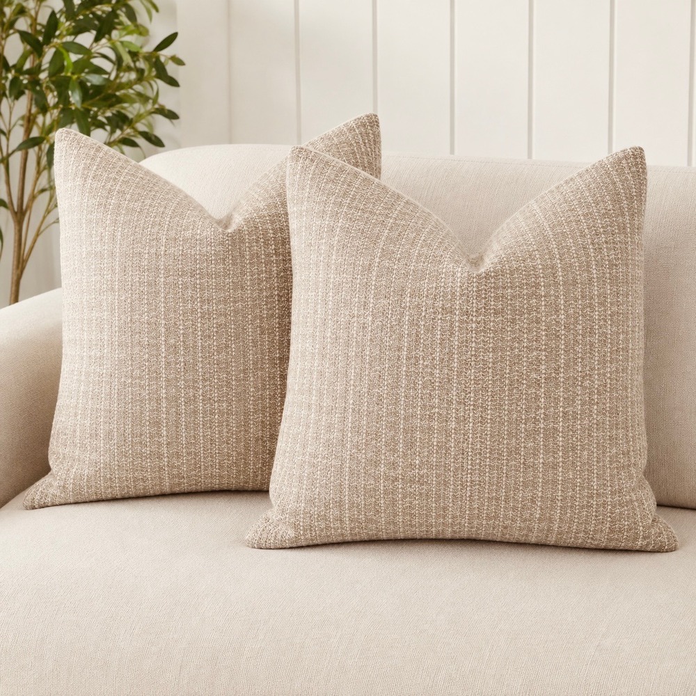 Crate & Barrel 23x23 Liano Pillow Covers Almond Beige Textured Set of 2 Home